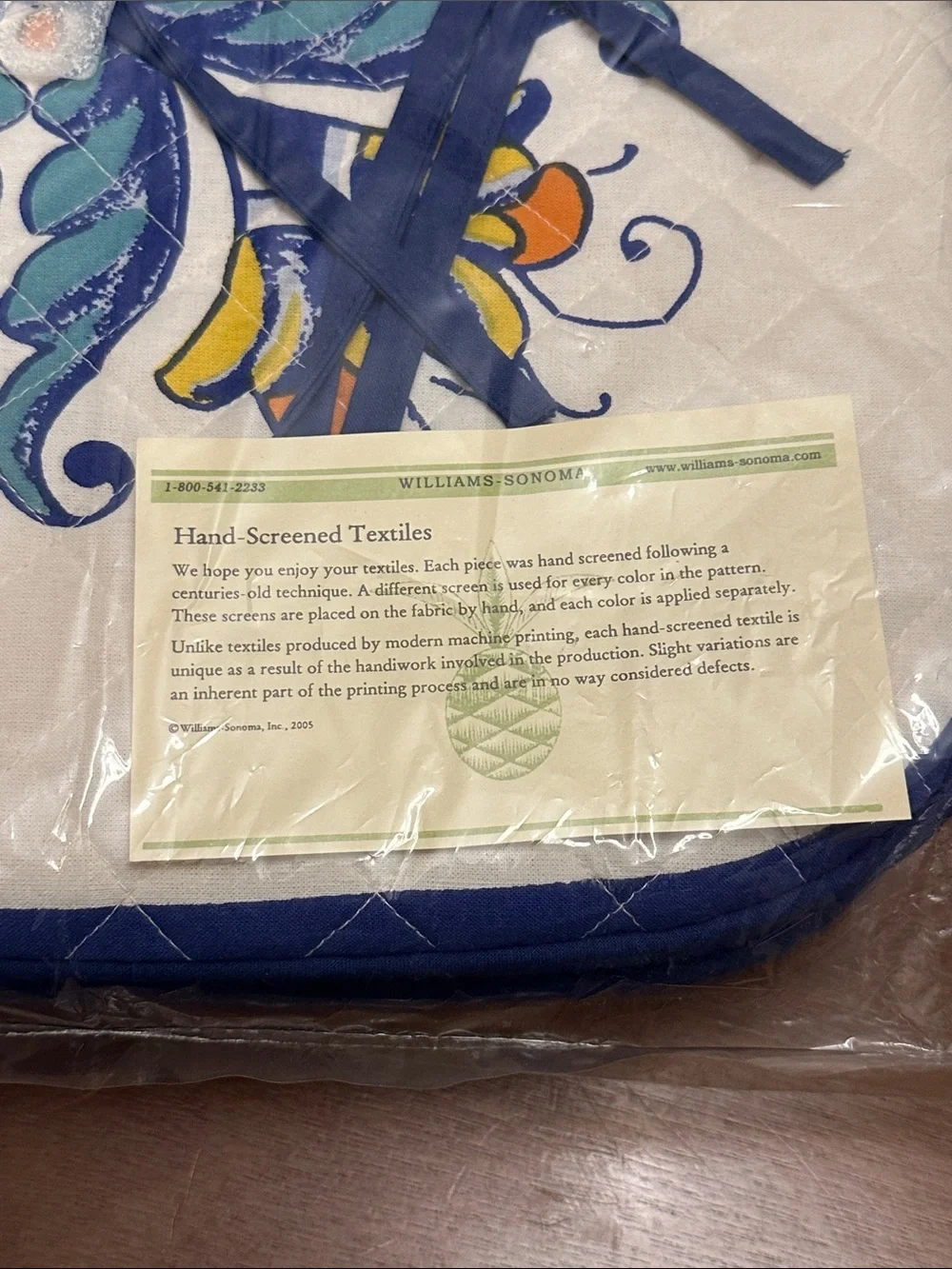 Set of 2 Williams Sonoma Hand Screened Quilted Seat Cushions with Blue Trim